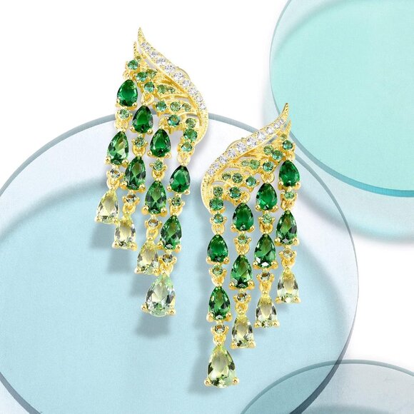 Sterling Silver Earrings Green Ombre Raindrops Stud Cubic Zirconia Jewelry - Picture 3 of 4